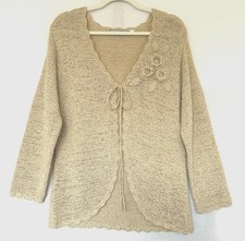 Elizabeth Scott Cardigan XL Oatmeal Beige Scallop Edges Tassel Floral Appliqué