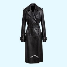 Classic Long Female Trench Coat Genuine Leather Full Length trench coat leather