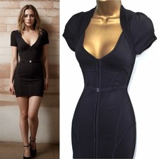 KAREN MILLEN ✩ STUNNING BLACK STRETCH KNIT PLUNGE PENCIL WIGGLE DRESS ✩ UK 10
