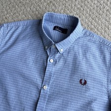 Fred Perry Polka Dot Shirt S/Sleeve Patterned Blue Mens Size Large Button Up Mod
