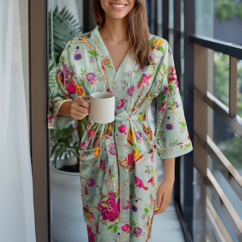Indian green floral robe - floral,