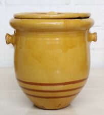 Antique French Confit Pots with Lids Warm Yellow colour with Painted Ring Decor