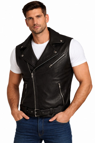Mens black leather biker vest - leather,