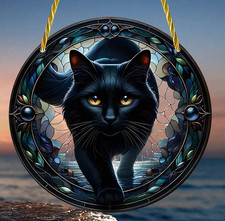 Black Cat Design Sun Catcher Hanging Window Plaque Ornament Gift Home Decor 20cm