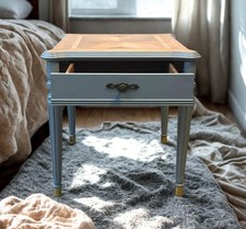 Contemporary Grey Side Table With Parquet Veneer Top & Gold Tone Hardware
