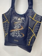 Sew Sandy Crafts Dark Blue Leather Shoulder Tote Bag Handmade Embroidery P1034
