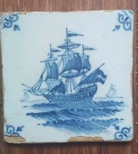 17th Century Tin Glaze  Blue & White Dutch Delft Tile Galleon Ship  5"