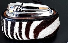 Vintage Ronson Varaflame Table Lighter Wooden Base, covered in real zebra skin.