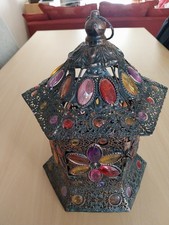 Modern Hexagonal Candle Lantern. Poss brass. See Desc. Multicoloured Baubles.