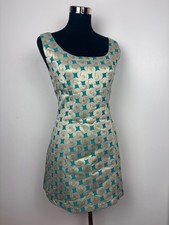 Genuine Vintage 1960s Gold & Turquoise Pattern Evening Mini Dress - Medium 12 14