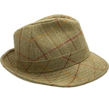 HAT 100% Wool Large Men's Checked Fedora Tweed Brown 3