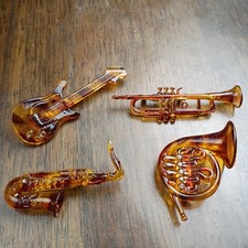 Vintage Lucite Guitar Sax Horn Trumpet Instrument Music Brooch Pin 3 Inch Amber