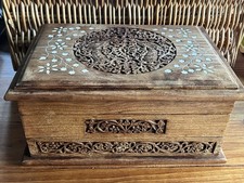 Vintage Past Times Large Wood Ottoman Carved Writing Chest Box Birds Indian MoP