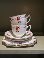 2 Vintage Salisbury China Trios Lyndale Gilt Orange Blue Art Deco?