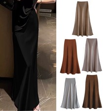 Women's Ladies Plain Satin High Waist Skirts Elegant Silky Skirt Flared Work