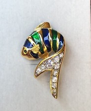 NWOT Cabouchon Fish Pin 18K Gold Plated w Green Blue Enamel & Austrian Crystals