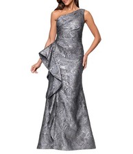 Xscape Gunmetal Metallic Ruffle One-Shoulder Jacquard Mermaid Gown Size 8 $298