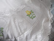 cream round vintage style tablecloth scalloped edge & floral design 57" diameter