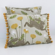 Yellow March Leaping Hare Cushion Covers DOUBLE SIDED with Pom Pom Trim
