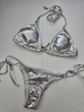 SILVER METALIC SEXY MINI BIKINI SET SWIMWEAR SWIMSUIT BEACH HOLIDAY SIZE S