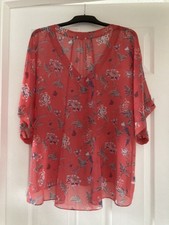 Laura Ashley Coral Pink Floral Bird & Butterfly Print Chiffon Top Size 16
