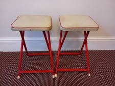 Pair Vintage Folding Stools Mid Century Metal - Vinyl Seats - Andersay