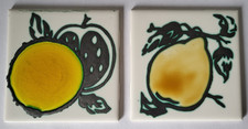 TWO FAB RETRO MID CENTURY PILKINGTON CERAMIC FRUIT DESIGN TILES  4.25" SQ