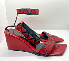 VTG Luc Berjen Paris 39 9 Red Black Leather Mod Retro Ankle Strap Wedge Heels