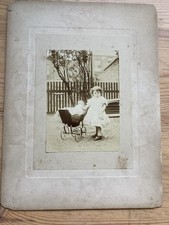 Edwardian Large Cabinet Card Photo Girl w/ Toy Doll in Pram 20x15cm