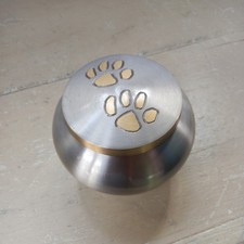 Small Cremation Ashes Pet Urn Solid Brass Pewter Look Paws Decorated 