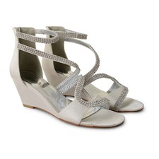 WOMENS IVORY SATIN WEDGE HEEL DIAMANTE DETAIL STRAPPY PEEP TOE BRIDAL SHOES