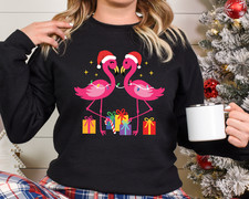 Flamingo Pink Jumper, Xmas Flamingo Sweater, Flamingo Santa Hat Sweater2396