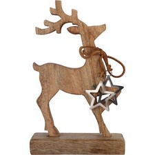 Rustic Wooden Reindeer Ornament | Christmas Deer Sculpture on Wooden Base - 26cm
