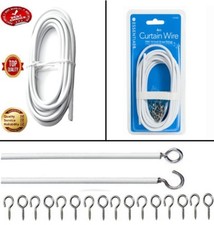 NET CURTAIN WIRE CORD CABLE 1M/2M/3M/4M WHITE WINDOW WITH HOOKS AND EYES FITTING