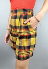 80's Vintage Clueless Style Ladies Yellow Check Wool High Rise Shorts Retro 