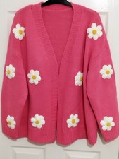 Pink Floral Knitted Cardigan Plus Size, Crochet Daisies/Flowers, Hippie Boho 70s