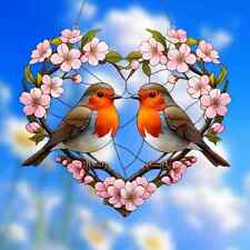 Twin Robin Flowers Heart Love Suncatcher Stained Glass Effect Hanging Decoration