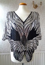 Vintage 1970s Sudi Black Silk & Sequin/Beaded Butterfly Top Medium Appx 40" Bust