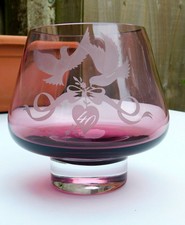 Caithness Glass Pink Bowl Vase 40th Anniversary Etched Doves & Ribbon