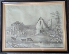 ANTIQUE ORIGINAL CHARCOAL,GRAPHITE,PENCIL DRAWING/ABBEY,CHURCH SCENE
