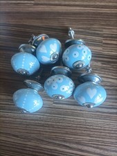 6 pale blue & white ceramic cupboard door knobs 