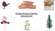Christmas Cake Topper Vintage 6pc Decorating Set Motto, Santa, Tree & More