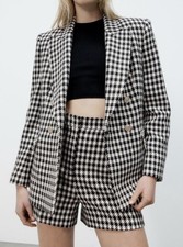 Zara Black White Houndstooth Double Breast Blazer Jacket Gold Buttons XL Pockets