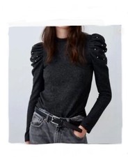 Zara Smart Puff Sleeve Top Sweatshirt Grey Uk M -L