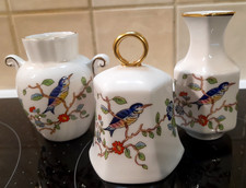 VINTAGE AYNSLEY FINE BONE CHINA "PEMBROKE" KINGFISHER & FLORAL VASES & BELL.