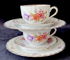 Vintage Roses & Asters Floral Bone China Cup, Saucer & Tea Plate Trios - 2 Sets