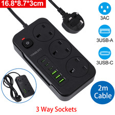 2m Extension Lead Power Strip Surge Protector 3 Gang Way 3*USB+3*USB-C Sockets