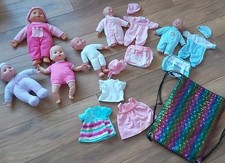 20 PIECE MIXED BUNDLE - 6 SOFT BODY BABY DOLLS + CLOTHES + BAGS - VGC