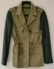 KHAKI JACKET WITH CONTRAST BLACK LEATHER  SLEEVES. SIZE S