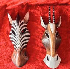 Hand Carved and Painted Wooden Wall Masks Giraffe and Zebra Set of 2 30cm Tall